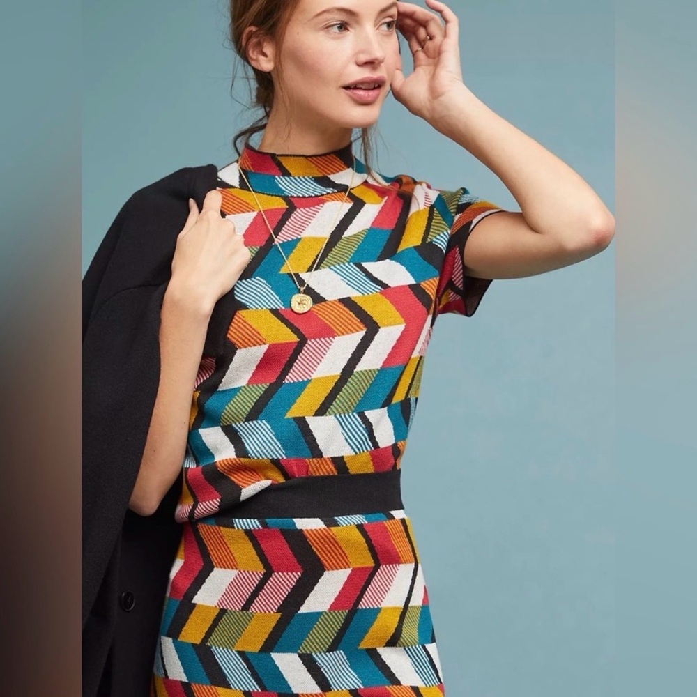 Anthropologie Maeve Geometric Mock Neck Knit Short Sleeve Top